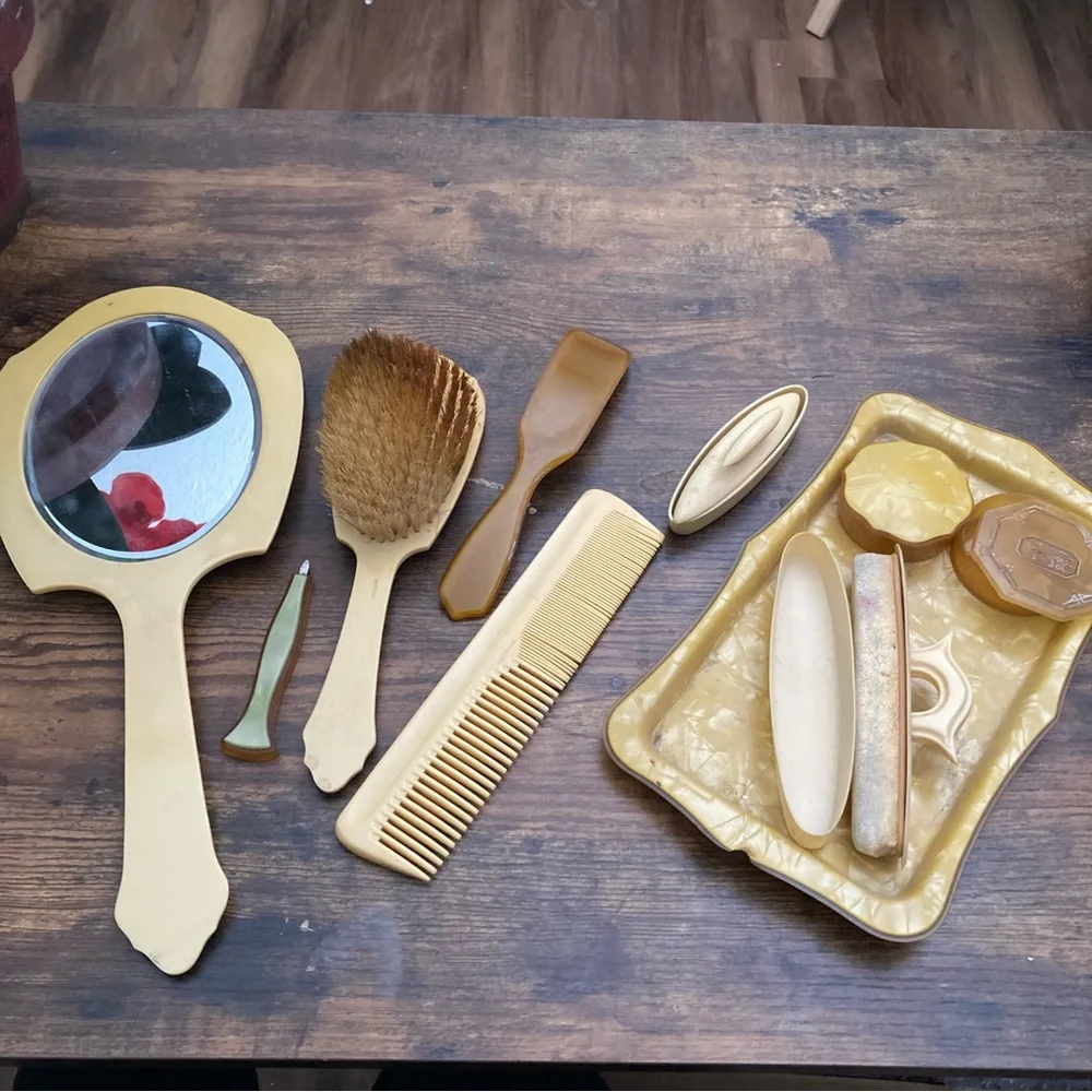 vintage 1940s Art Deco pearlized gold celluloid and Bakelite vanity/dresser set
